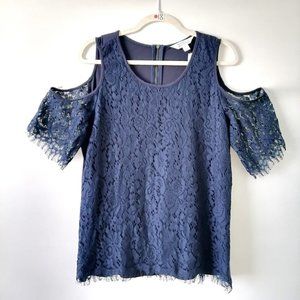 NWT Market & Spruce Womens Navy Blue Round Neck Cold Shoulder Fringe Top Size L